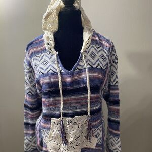 American Rag Womens Boho Crochet Lace Accent Hooded Sweater Sz Med MultiColor